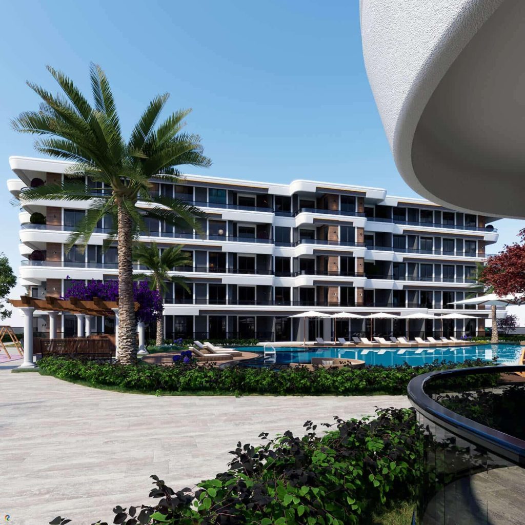 Havuzlu site bina cephe tasarımı ve bahçe katı mimarisi | Pool site building facade design and garden floor architecture