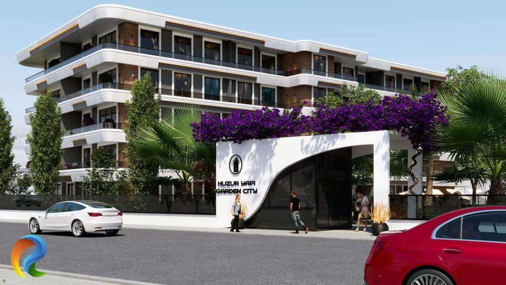 Huzur Yapı Garden City yazılı giriş kapısı, önünde park etmiş otomobiller ve üç yaya ile modern konut.