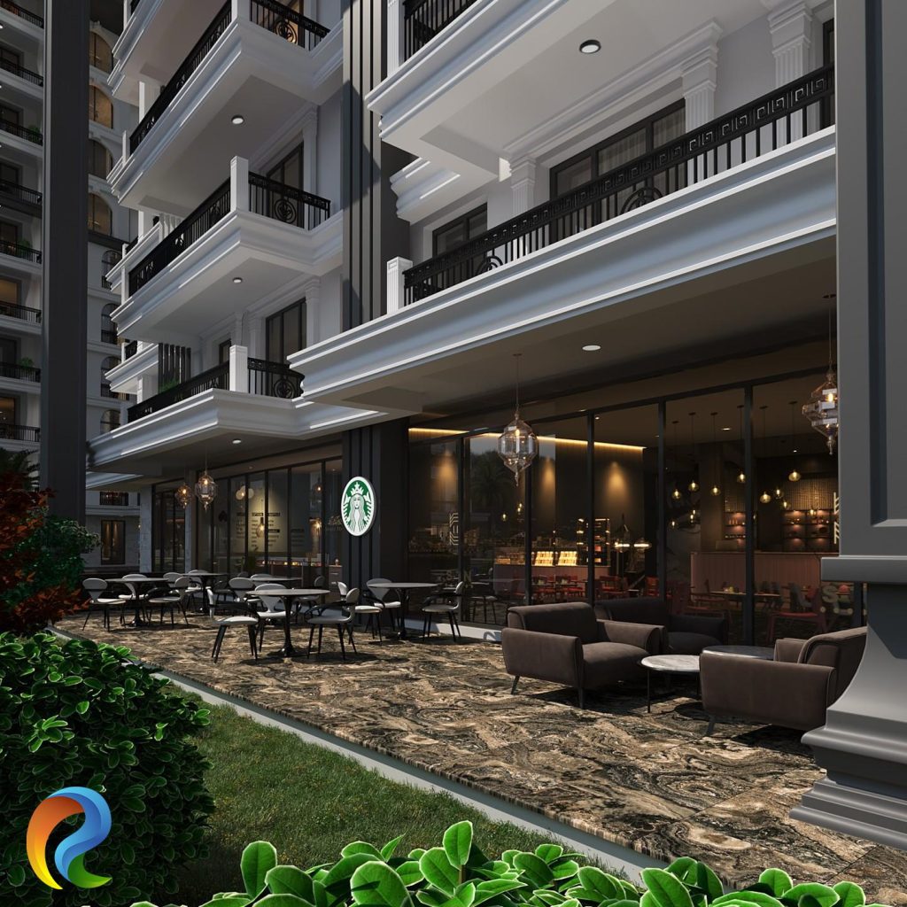 Site altı ticari dükkanlar ve lüks kafe alanı | Commercial retail shops and luxury cafe area with outdoor seating