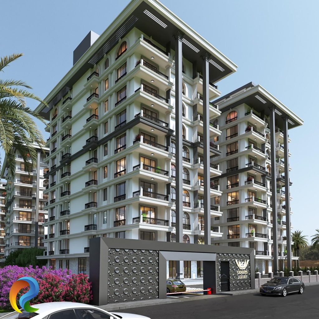 Geniş balkonlu ve modern mimariye sahip köşe daireler. / Corner apartments with spacious balconies and modern architecture.