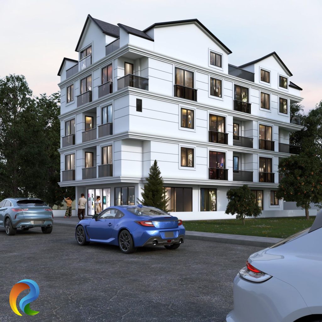 Beyaz cephe kaplaması, Fransız balkonları, çatı katları ve peyzajlı çevresi bulunan modern apartman projesi