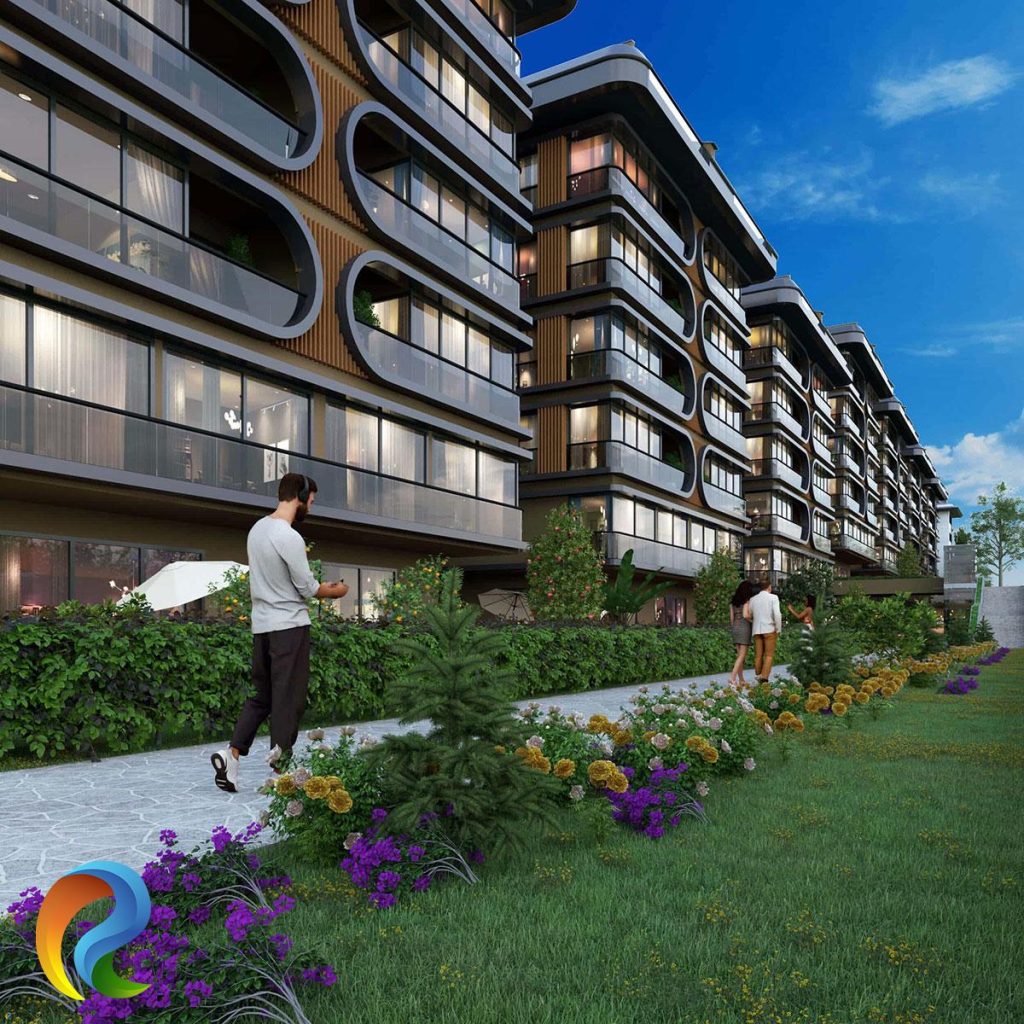Üsküdar lüks site projesi bahçe katı peyzaj düzenlemesi ve yürüyüş yolları 3D tasarımı.