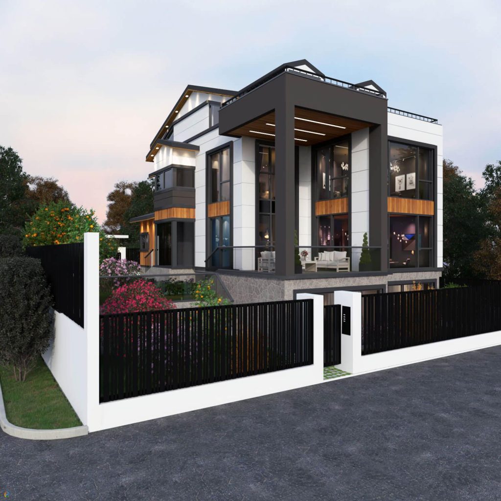 Antrasit ve beyaz cephe detayları, geniş cam yüzeyleri, terası ve peyzajlı bahçesi bulunan modern üç katlı tripleks villa