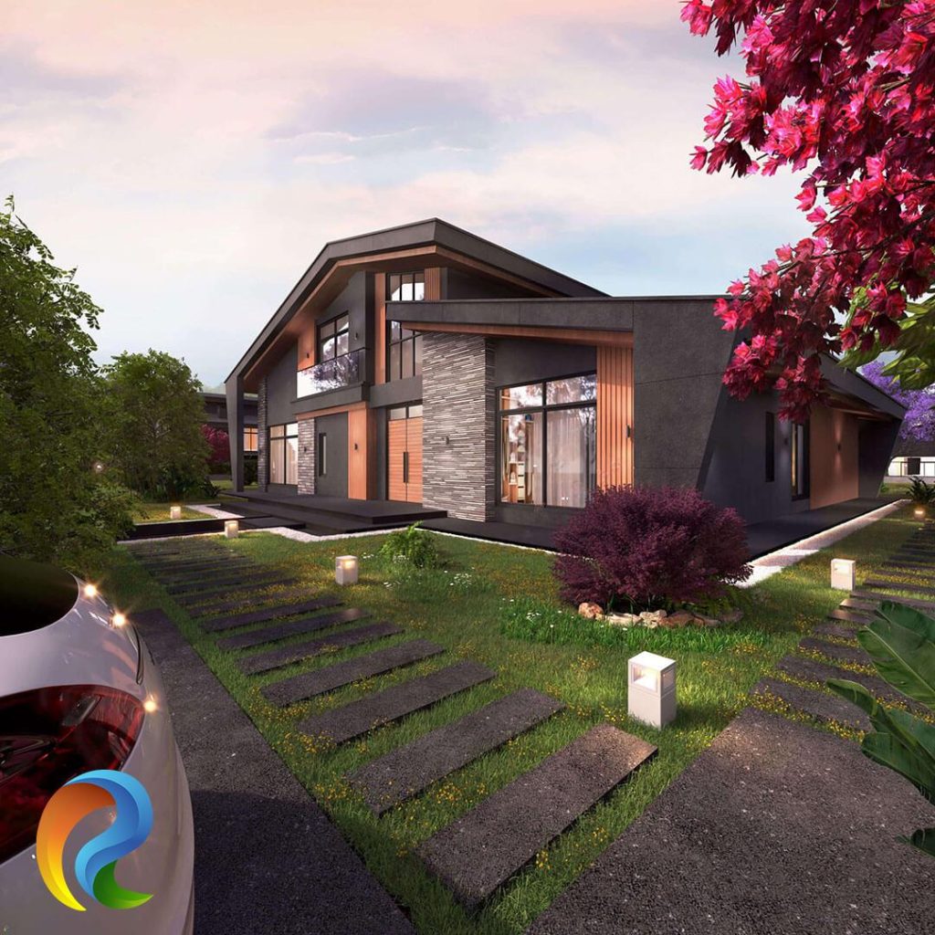 Antrasit çatı ve ahşap detaylı modern villa dış cephesi
