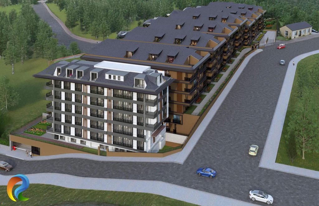 Çamlıca konut projesi çatı detayları ve blok yerleşimini gösteren havadan mimari çizim.