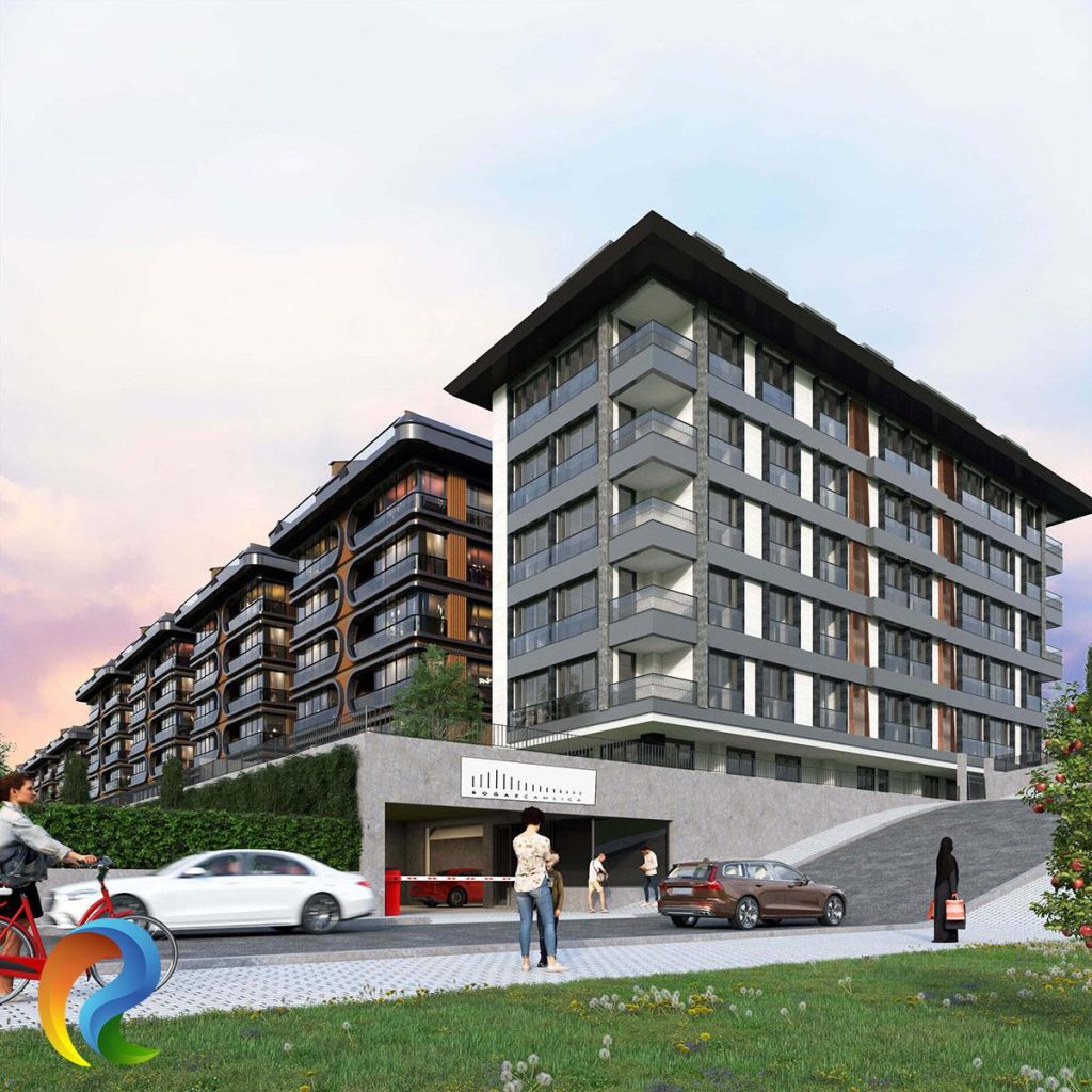 Üsküdar konut projesi otopark girişi ve köşe bina mimari cephe görselleştirmesi.