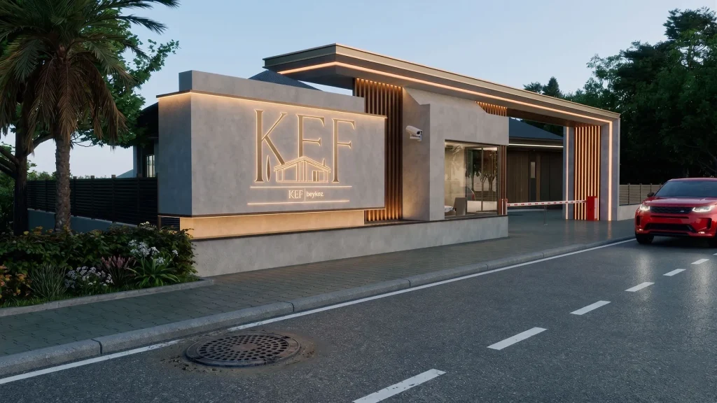 Kef Beykoz villa sitesi için güvenlik kulübesi, araç bariyeri, aydınlatmalı tabela ve modern giriş saçağı tasarımı