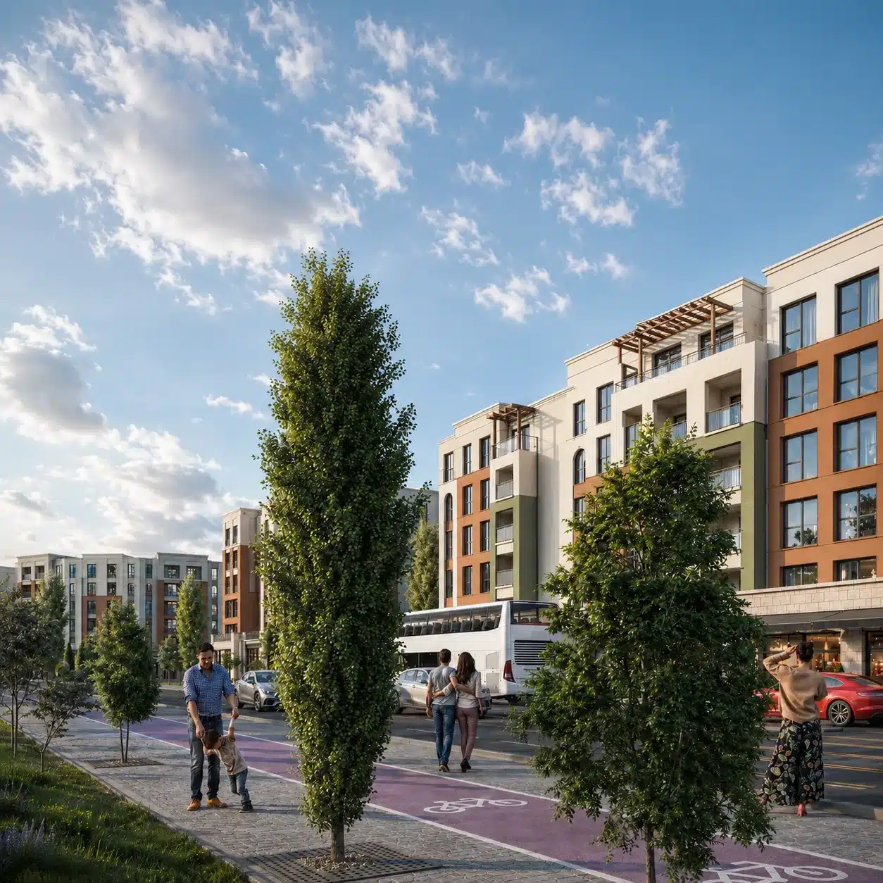 Peyzajlı yaya aksı, bisiklet yolu ve farklı renklerde cepheleri bulunan modern konut sitesi tasarımı