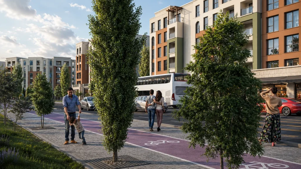 Yeşil peyzaj alanları, balkonları ve ticari birimleri bulunan modern konut projesi dış cephe tasarımı