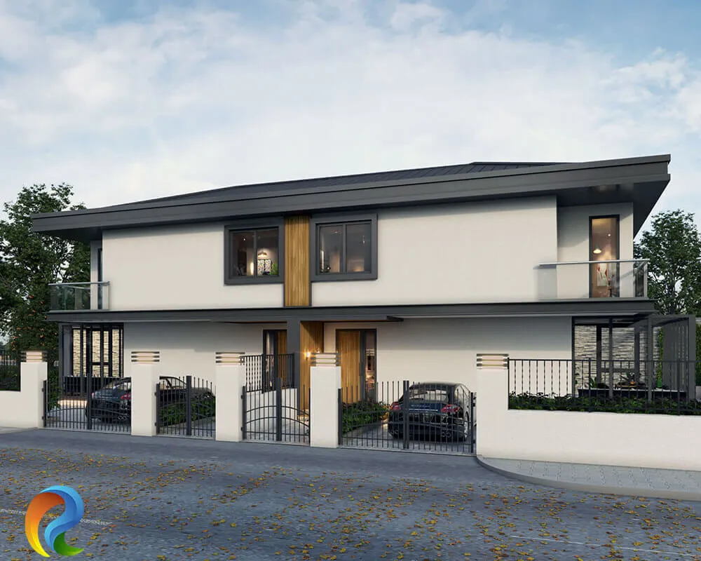 Ahşap cephe detayları, cam balkonları, araç otoparkları ve eğimli çatısı bulunan modern ikiz villa projesi