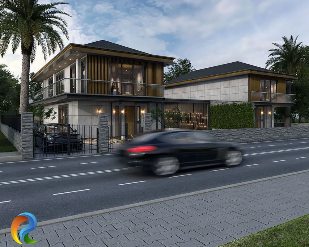 Taş kaplama, ahşap görünümlü dikey cephe detayları, geniş cam yüzeyler ve balkonları bulunan modern villa projesi