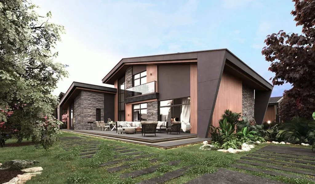 Taş ve ahşap cephe kaplamaları, geniş cam yüzeyleri, terası ve peyzajlı bahçesi bulunan modern villa projesi