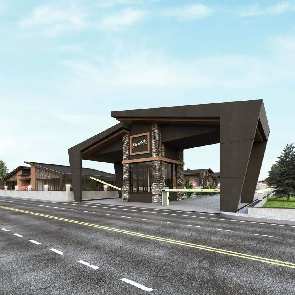 Taş kaplamalı güvenlik kulübesi, bariyer sistemi ve modern geometrik saçak bulunan villa sitesi giriş tasarımı