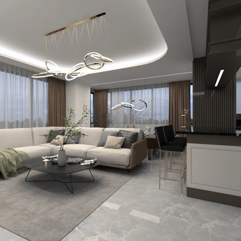 Köşe koltuk, bar tezgâhı, dekoratif avize ve geniş pencerelerle tasarlanan açık mutfaklı modern salon renderı