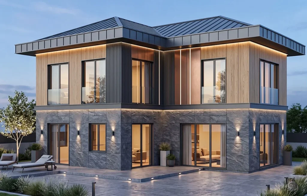 Ahşap kaplamaları, doğal taş zemin kat cephesi, geniş cam yüzeyleri, Fransız balkonları ve kenet çatısı bulunan iki katlı modern villa