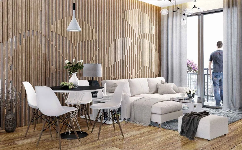 Dekoratif ahşap duvar panelleri, beyaz oturma grubu ve yemek alanıyla tasarlanan modern salon iç mekân renderı
