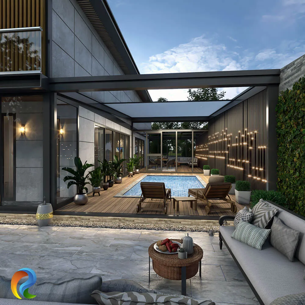 Özel yüzme havuzu, ahşap teras, pergola sistemi, dekoratif duvar aydınlatmaları ve açık oturma alanı bulunan modern villa