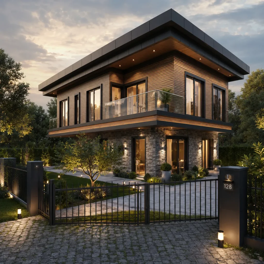 Doğal taş kaplama, yatay ahşap cephe detayları, geniş cam yüzeyler, cam balkon ve peyzajlı bahçesi bulunan iki katlı lüks villa