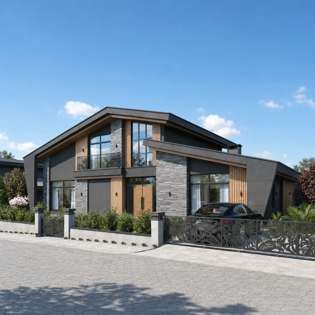 Antrasit cephe yüzeyleri, doğal taş kaplamaları, ahşap detayları, geniş camları ve peyzajlı bahçesi bulunan modern villa