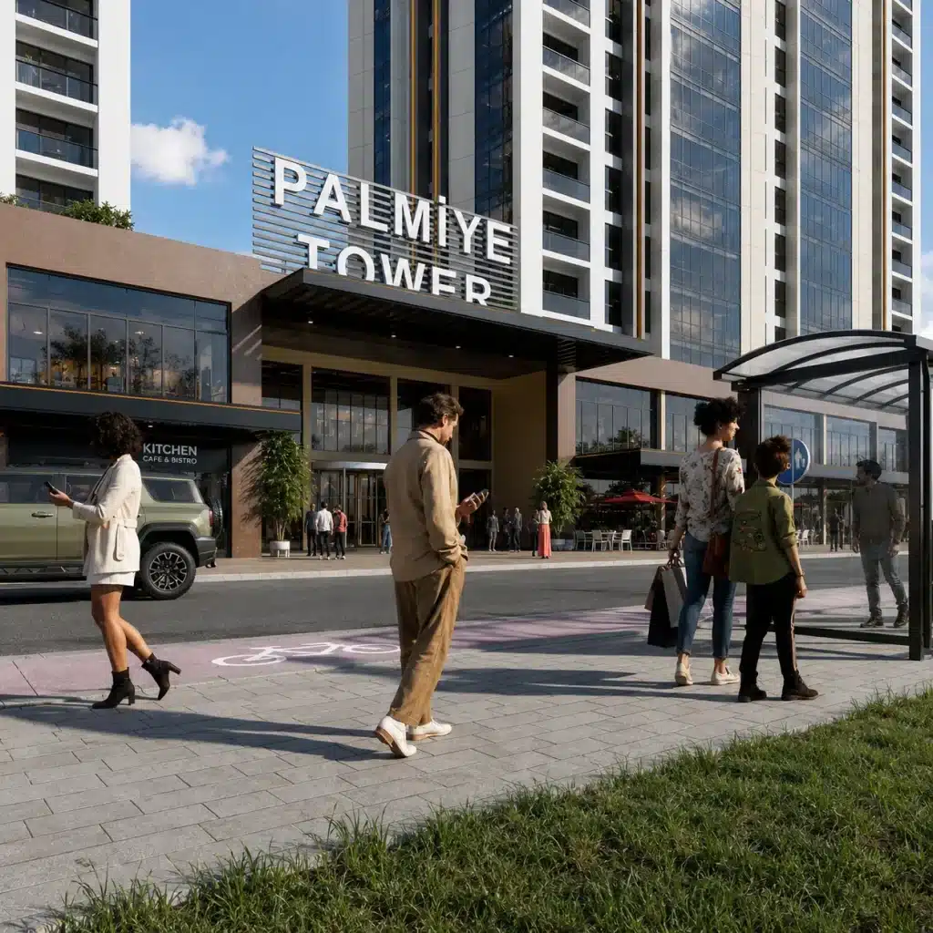 Zemin katında ticari alanlar, plaza girişi, otobüs durağı ve yüksek katlı cam cepheli kuleler bulunan karma proje