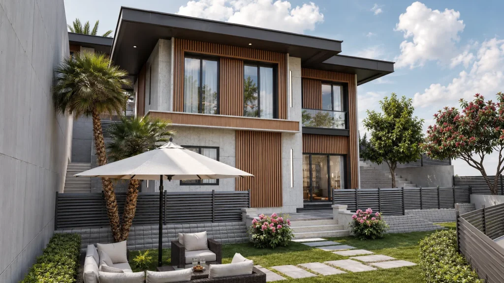 Doğal taş ve ahşap cephe detayları, geniş cam yüzeyleri, teraslı bahçesi ve açık oturma alanı bulunan modern villa