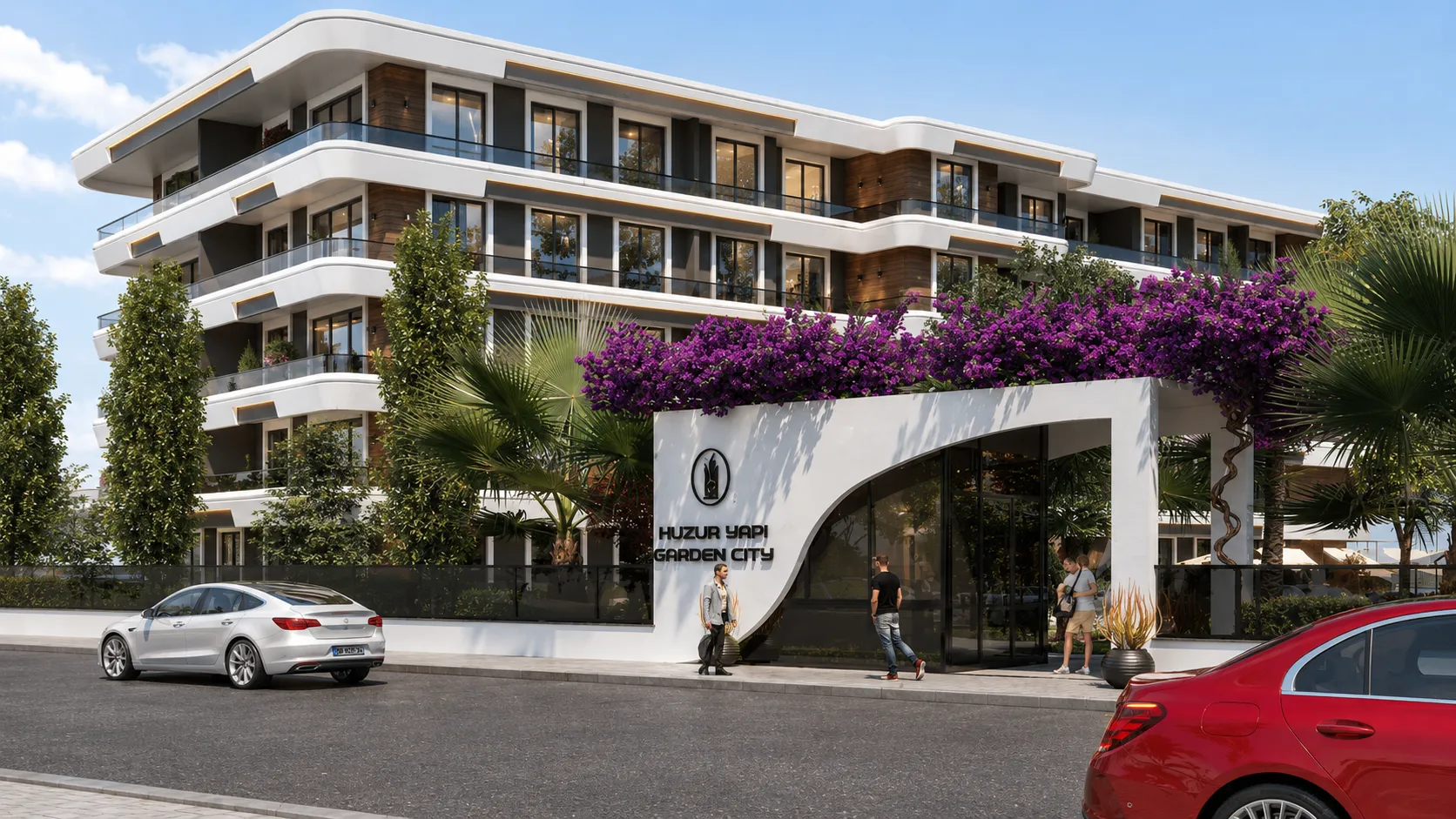Kavisli beyaz balkonları, ahşap detayları ve peyzajlı girişi bulunan modern konut sitesi dış cephe tasarımı
