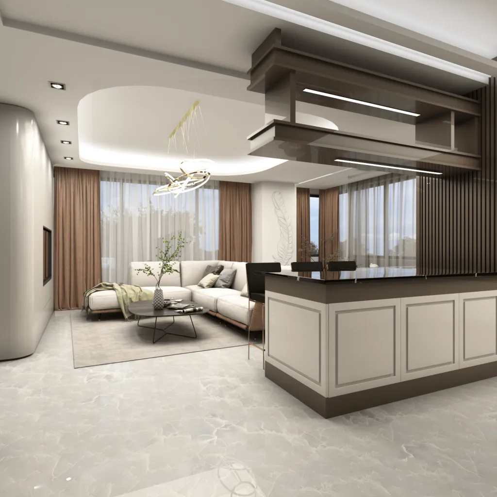 Bar tezgâhı, modern köşe koltuk, mermer görünümlü zemin ve geniş pencerelerle tasarlanan açık mutfaklı salon renderı
