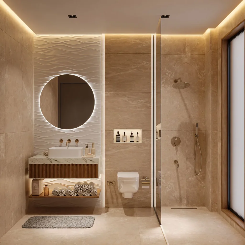 Bej mermer yüzeyler, cam duş bölümü, yuvarlak ayna ve ahşap lavabo dolabıyla tasarlanan modern banyo