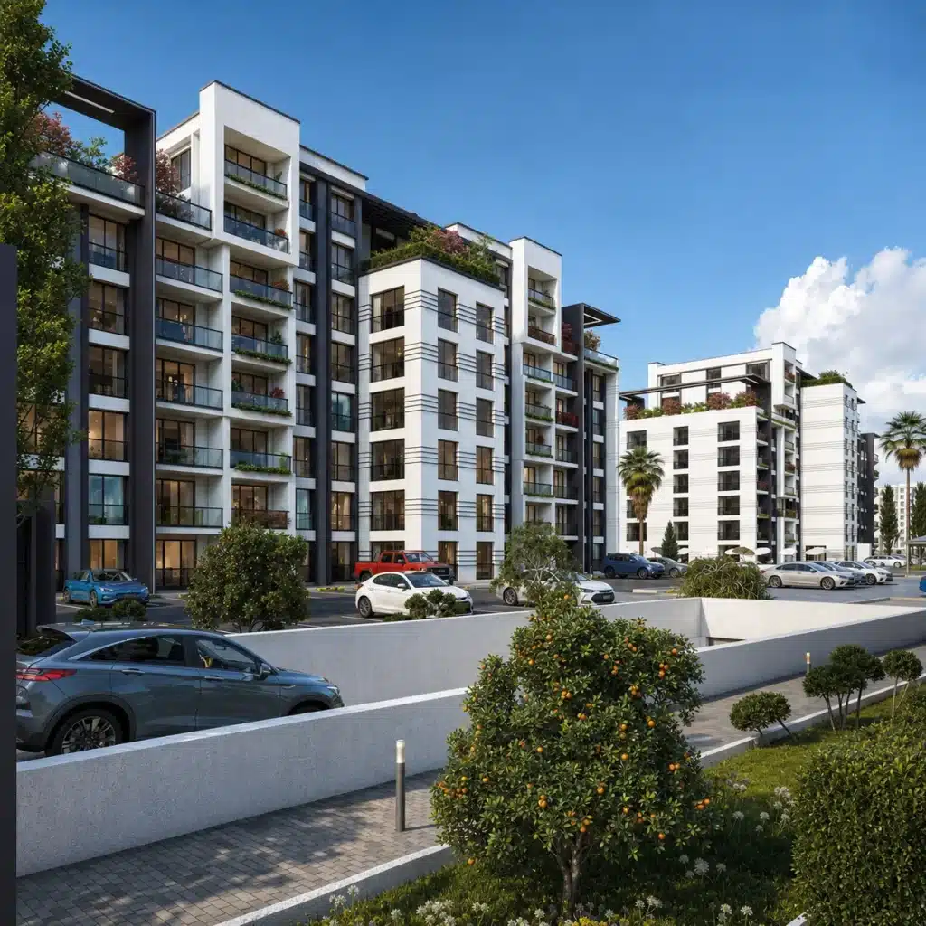 Beyaz ve antrasit cephe detayları, geniş balkonlar, açık otopark ve peyzaj alanları bulunan çok katlı modern konut sitesi