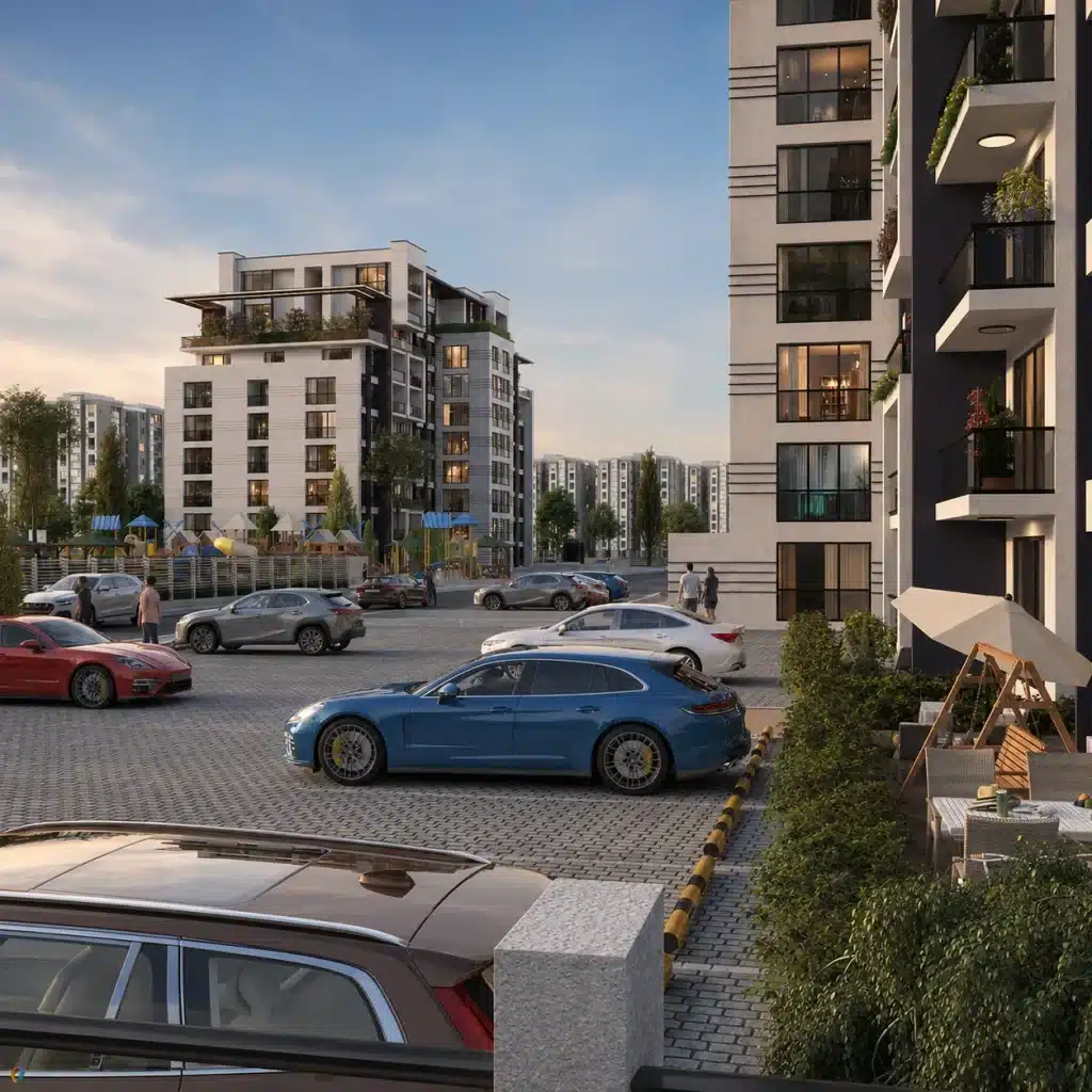 Geniş araç yolları, açık otopark alanları, çocuk oyun parkı ve modern apartman blokları bulunan konut sitesi