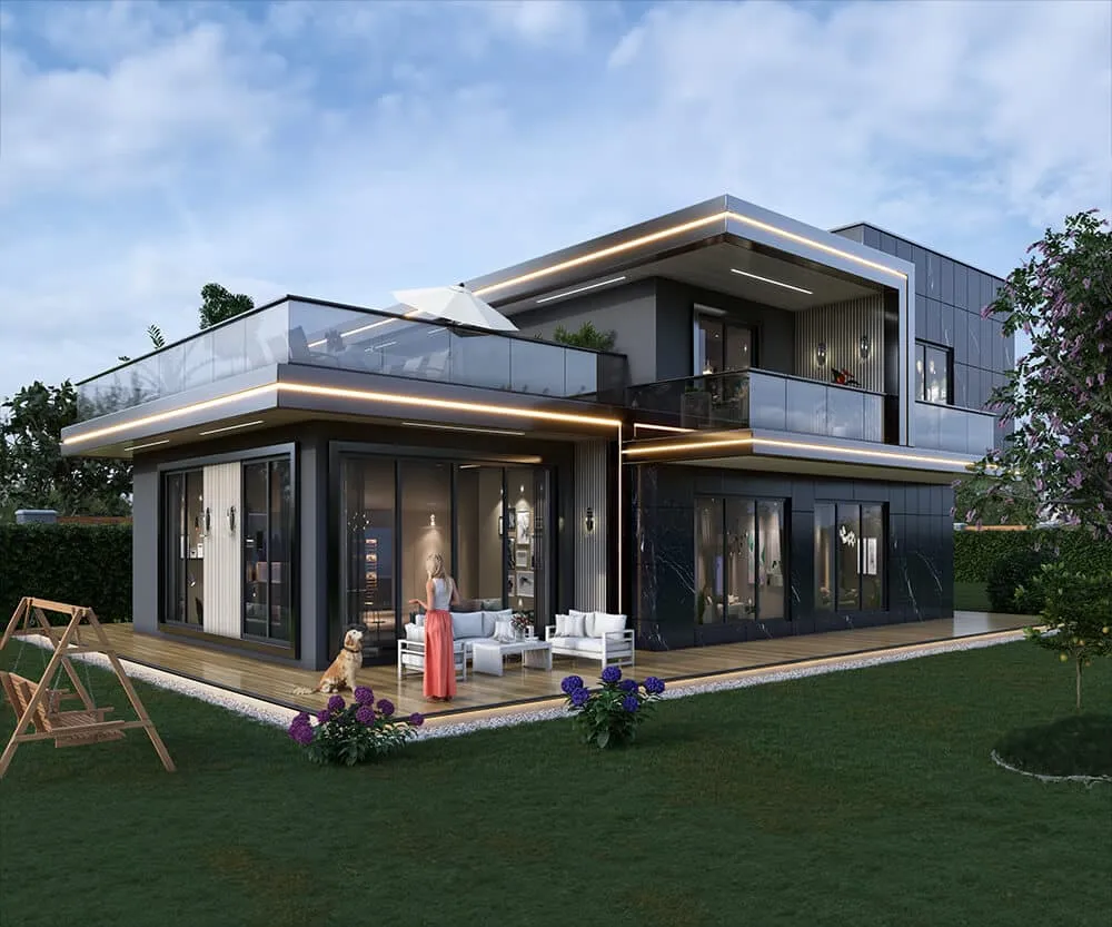 Geniş cam yüzeyleri, cam korkuluklu terasları, siyah cephe kaplaması ve peyzajlı bahçesi bulunan iki katlı modern villa