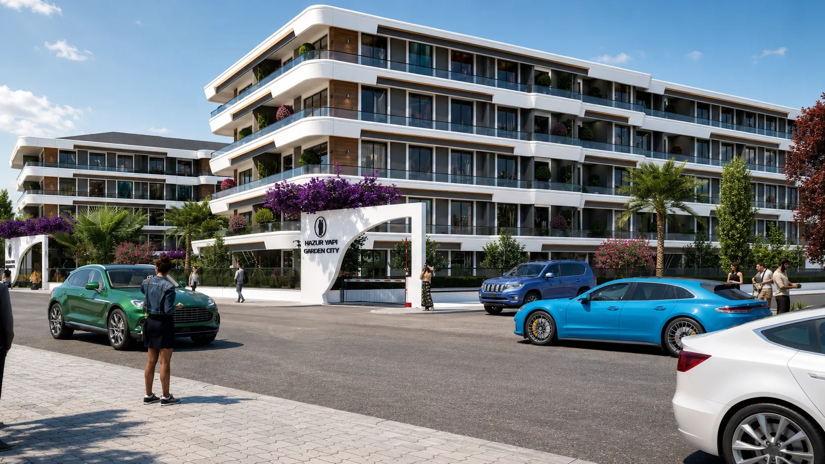 Geniş balkonlu modern konut sitesi dış cephe tasarımı ve mimari render