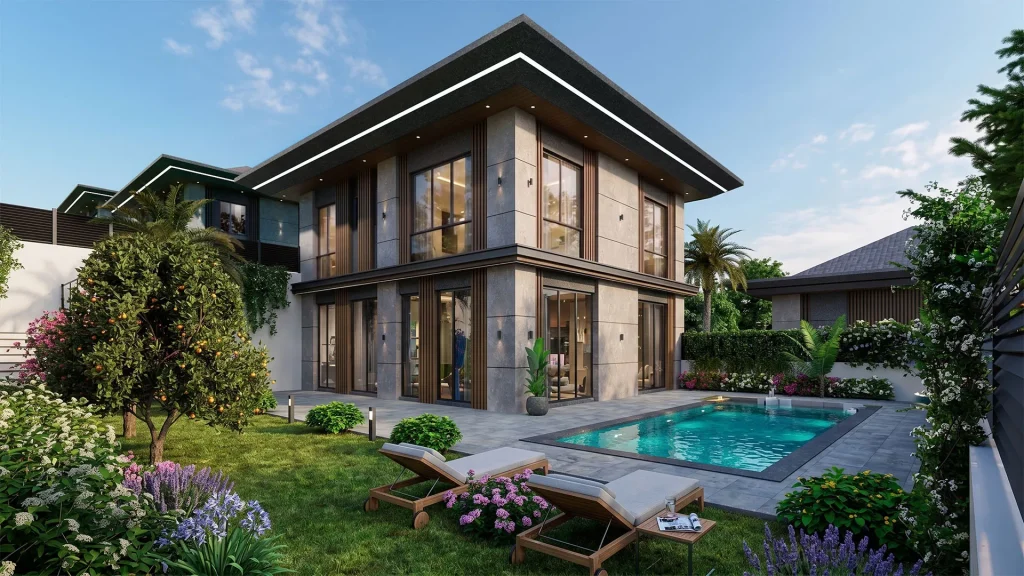 Özel yüzme havuzu, geniş cam yüzeyleri, doğal taş cephe detayları ve çiçekli peyzajı bulunan iki katlı modern villa