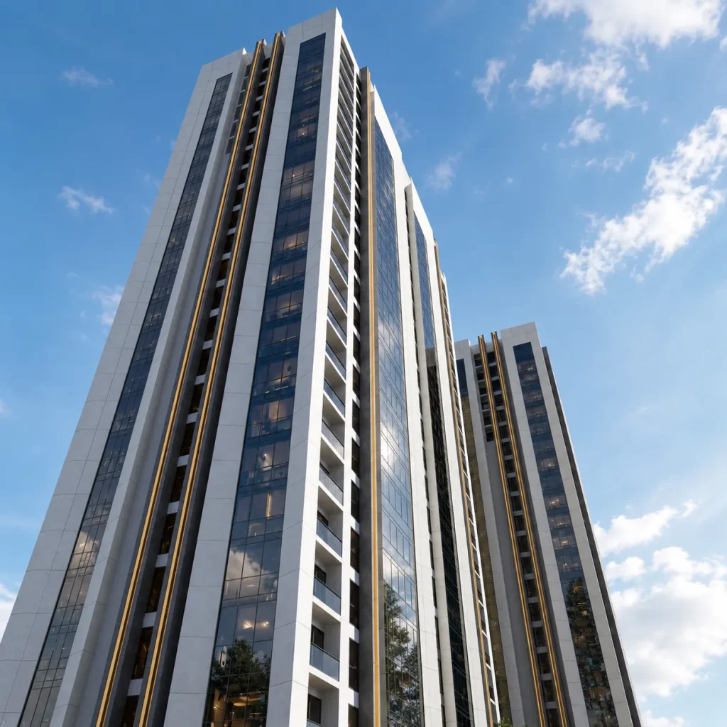 Geniş cam yüzeyleri, beyaz cephe panelleri ve dikey metal detayları bulunan yüksek katlı modern gökdelen kuleleri