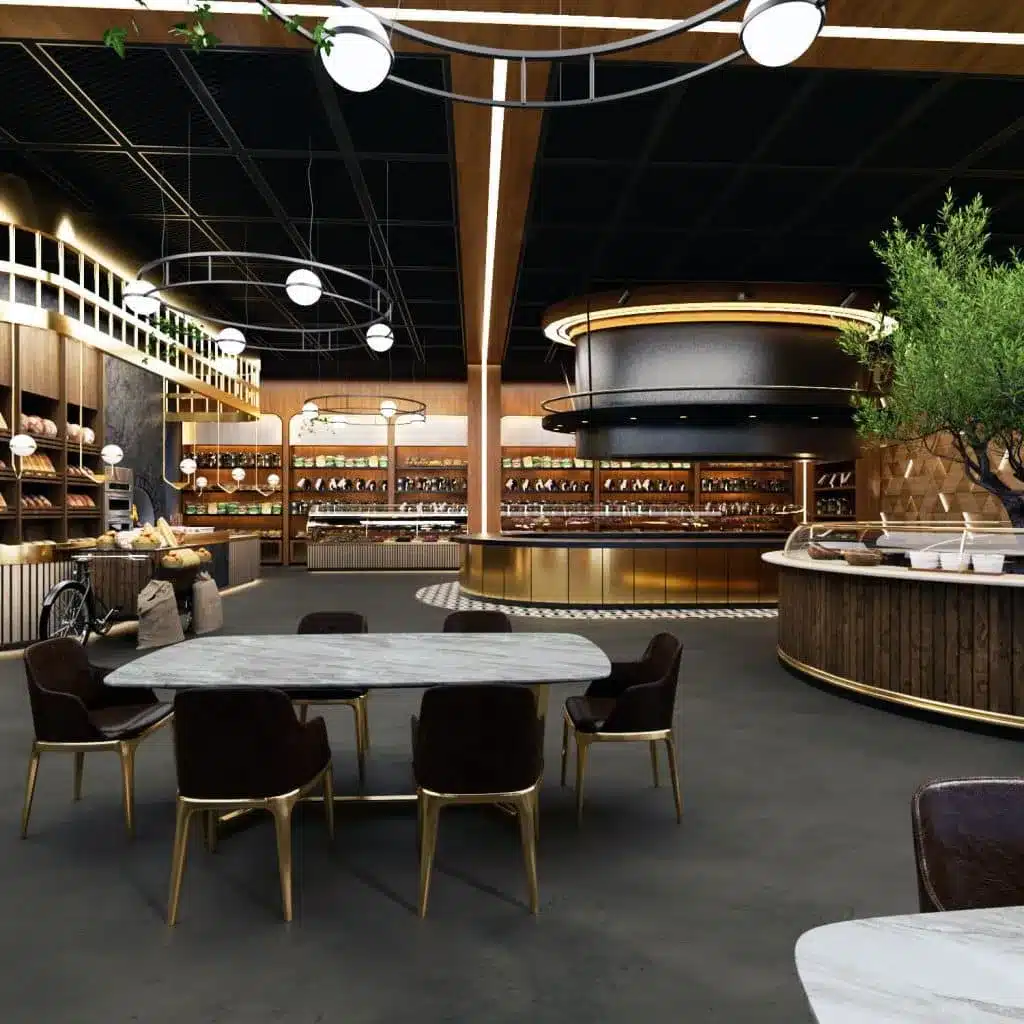 Gold detaylı lüks cafe restaurant tasarımı ve dekorasyonu