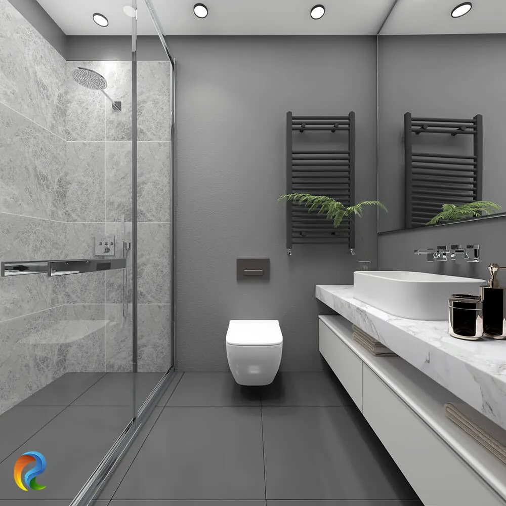Gri seramik yüzeyler, cam duş kabini, asma klozet ve mermer tezgâhla tasarlanan minimal modern banyo renderı