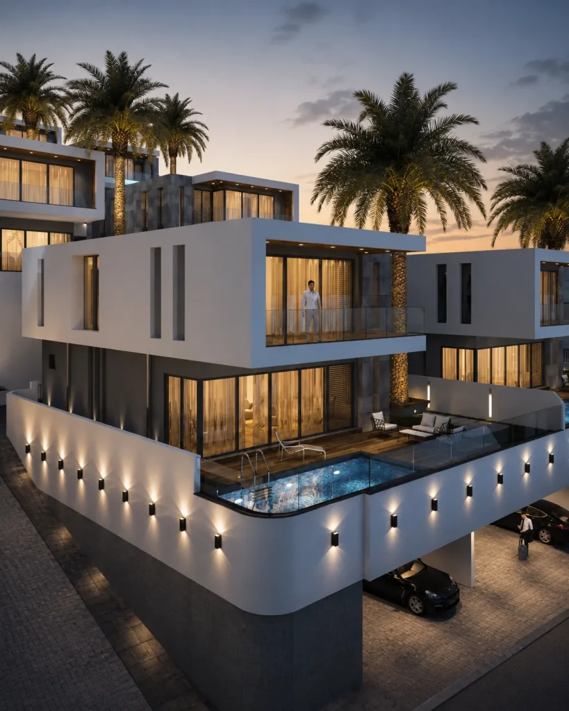 Beyaz ve antrasit cepheleri, özel yüzme havuzu, geniş cam yüzeyleri, terası ve kapalı otoparkı bulunan modern lüks villa