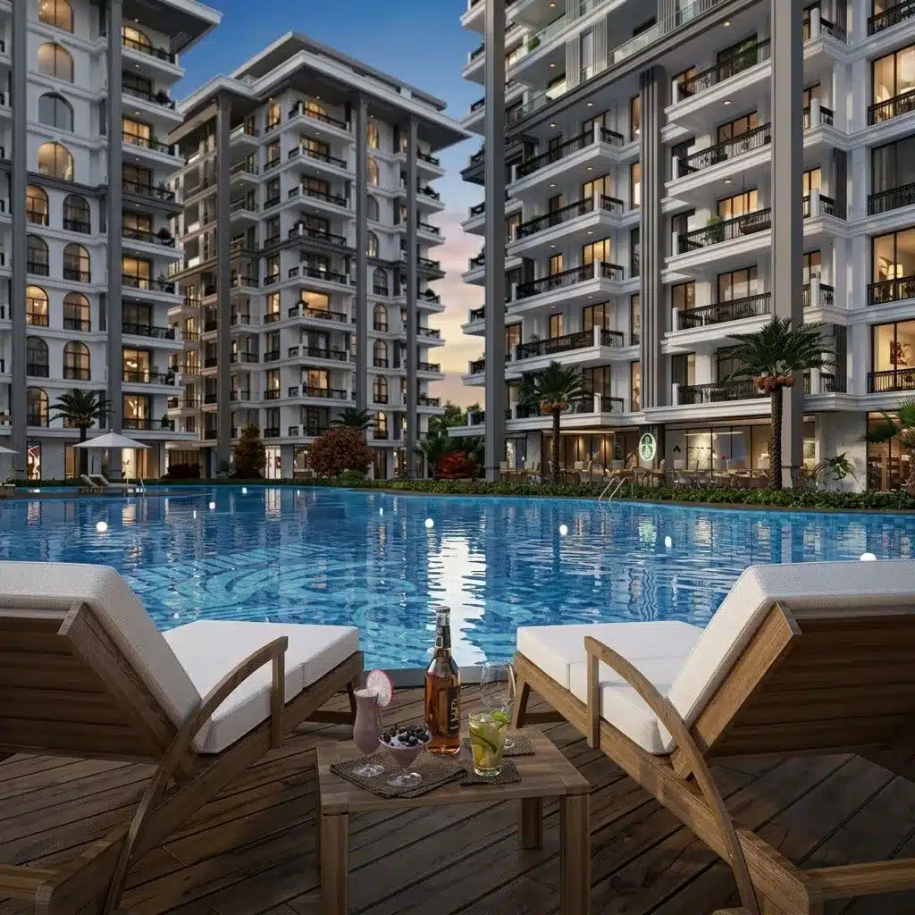 Geniş yüzme havuzu, güneşlenme terası, peyzaj alanları ve balkonlu apartman blokları bulunan lüks konut sitesi