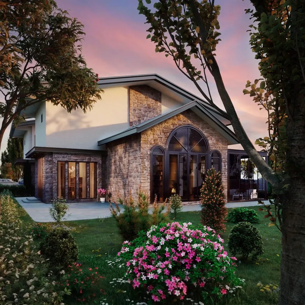 Doğal taş kaplamaları, kemerli geniş pencereleri, kırma çatısı ve peyzajlı bahçesi bulunan iki katlı villa projesi