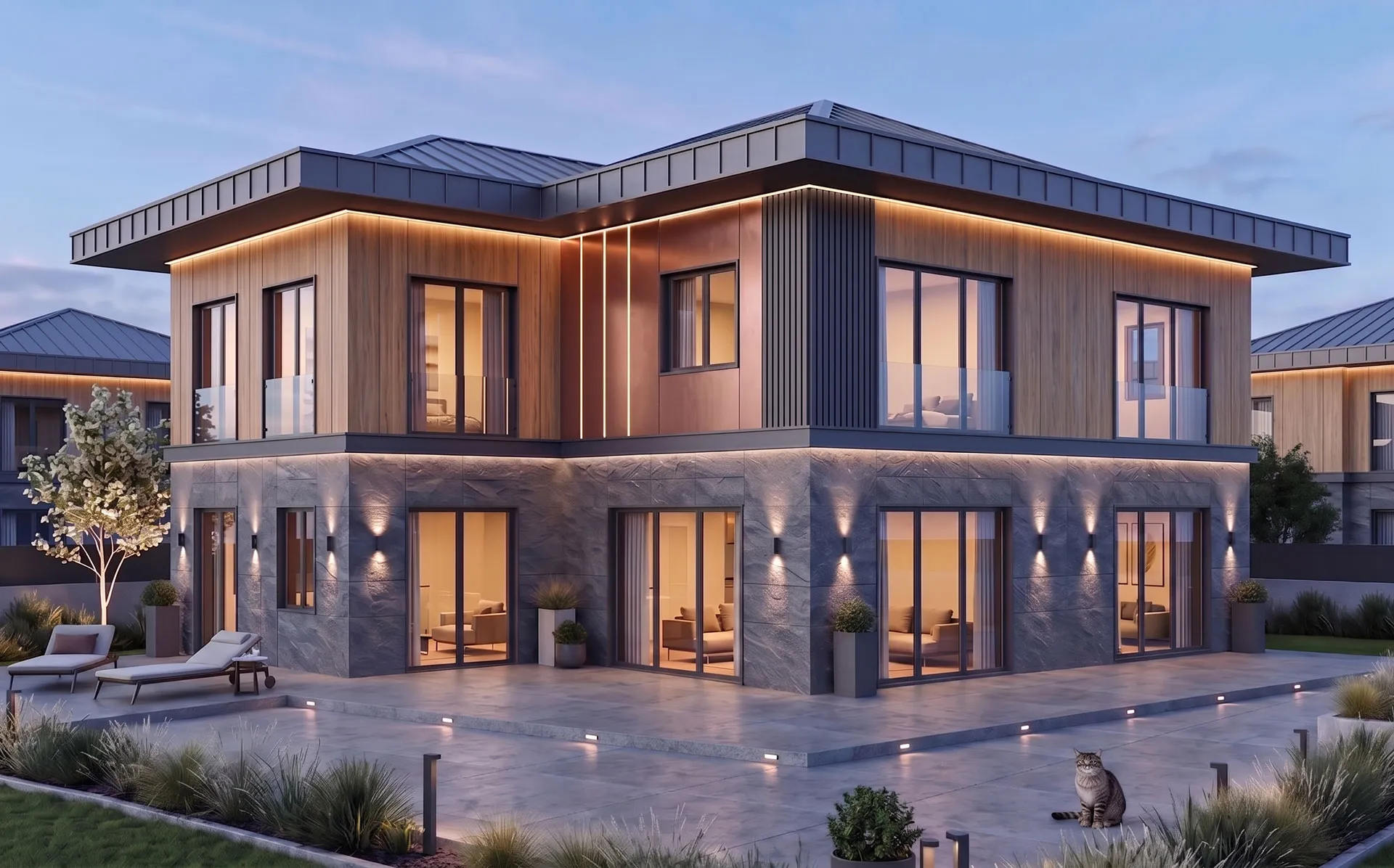 Taş ve ahşap kaplamalı, geniş saçaklı iki katlı modern villa cephe tasarımı