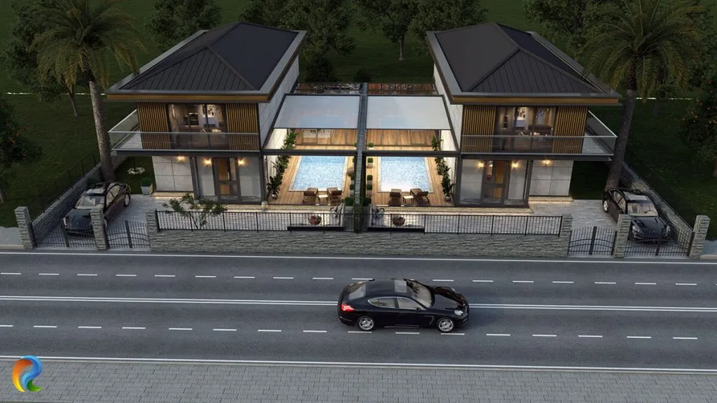 Özel yüzme havuzları, geniş cam balkonları, ahşap cephe detayları ve araç park alanları bulunan modern ikiz villa projesi