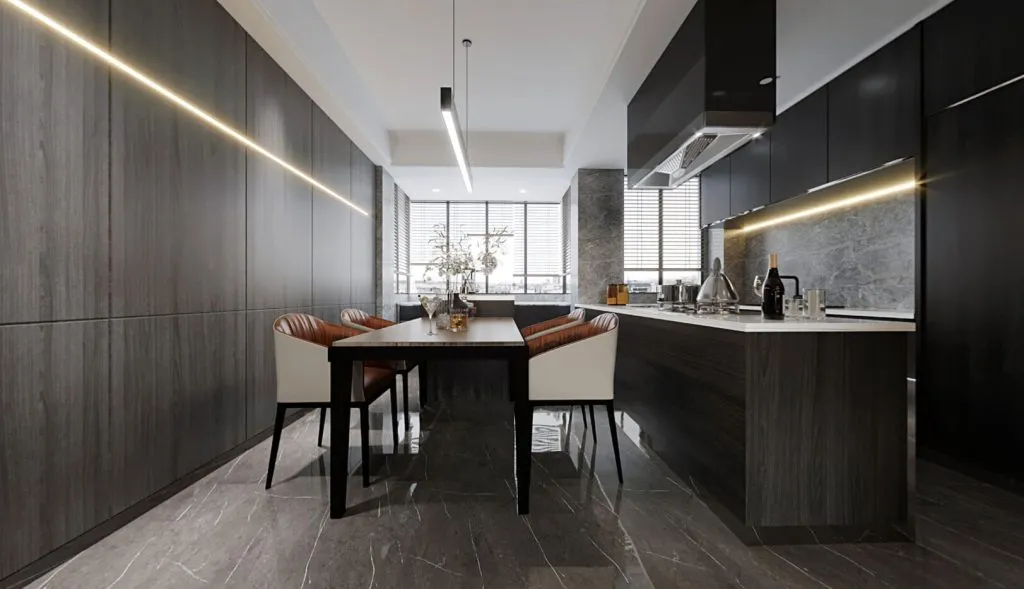 Koyu ahşap dolaplar, yemek masası ve lineer aydınlatmalarla tasarlanan modern mutfak renderı