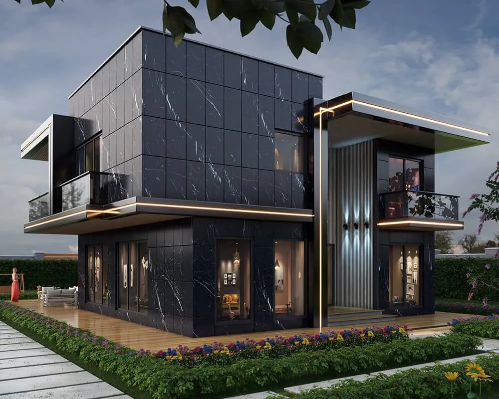 Siyah mermer cephe kaplaması, geniş cam yüzeyleri, cam balkonları ve dekoratif LED aydınlatmaları bulunan modern lüks villa