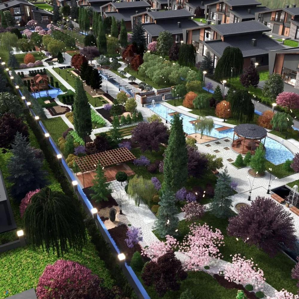 Modern villalar, süs havuzları, yürüyüş yolları, kamelyalar ve yoğun bitkilendirme bulunan lüks villa sitesi peyzaj tasarımı