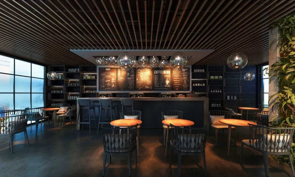 Koyu tonlar, ahşap tavan ve şık oturma alanlarıyla tasarlanan lüks restaurant iç mekân renderı
