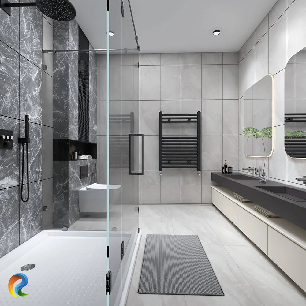Gri mermer kaplamalar, cam duş kabini, çift lavabolu tezgâh ve siyah armatürlerle tasarlanan modern banyo renderı