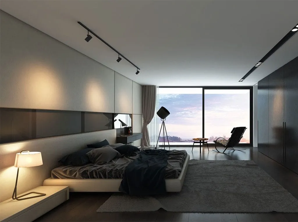 Geniş cam yüzeyler, sade duvar tasarımı ve modern aydınlatmalarla hazırlanan minimal yatak odası renderı