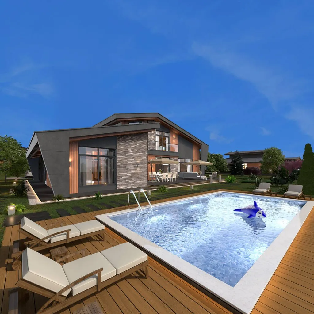 Özel yüzme havuzu, taş ve ahşap cephe detayları, geniş cam yüzeyleri ve güneşlenme terası bulunan minimalist lüks villa