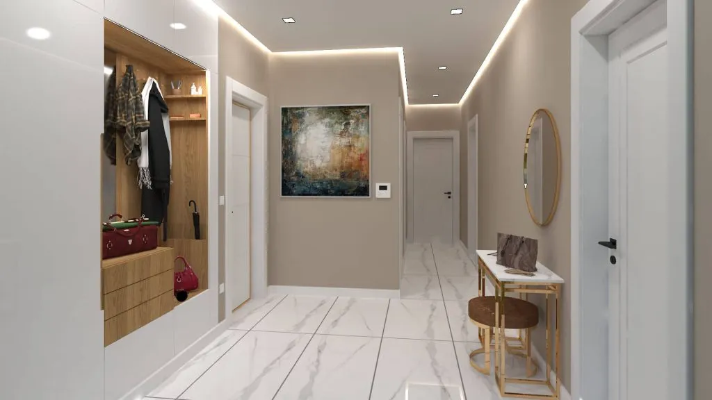 Mermer görünümlü zemin, ahşap vestiyer ve gizli aydınlatmalarla tasarlanan modern antre ve koridor renderı