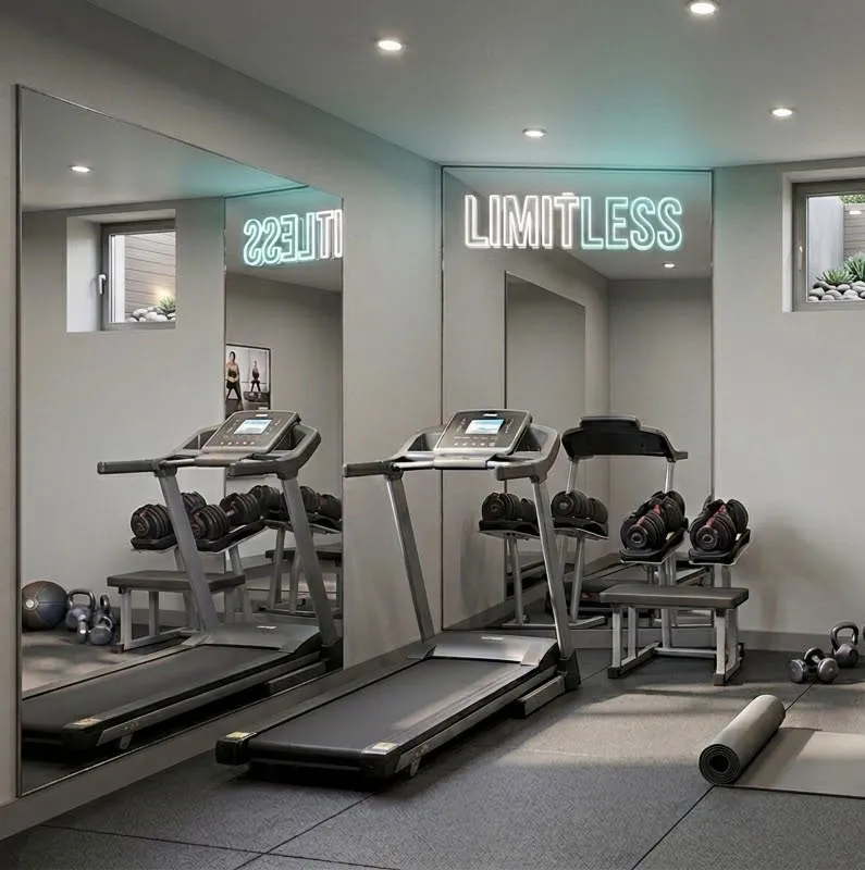 Koşu bantları, ağırlık ekipmanları, ayna duvarı ve modern aydınlatmalarla tasarlanan ev fitness salonu